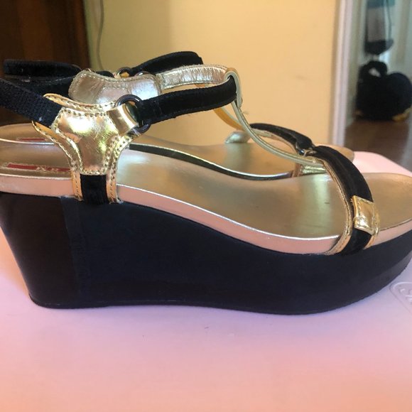 Prada Platform Sandals, Metallic Gold & Black - Picture 3 of 7